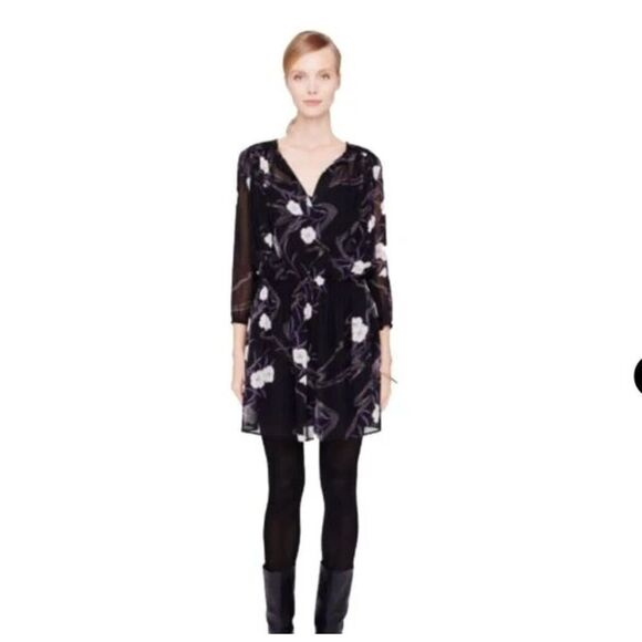 Club Monaco Roanna Dress Womens 4 Black Floral Silk Long Sleeve Mini Boho Chic - Picture 1 of 14